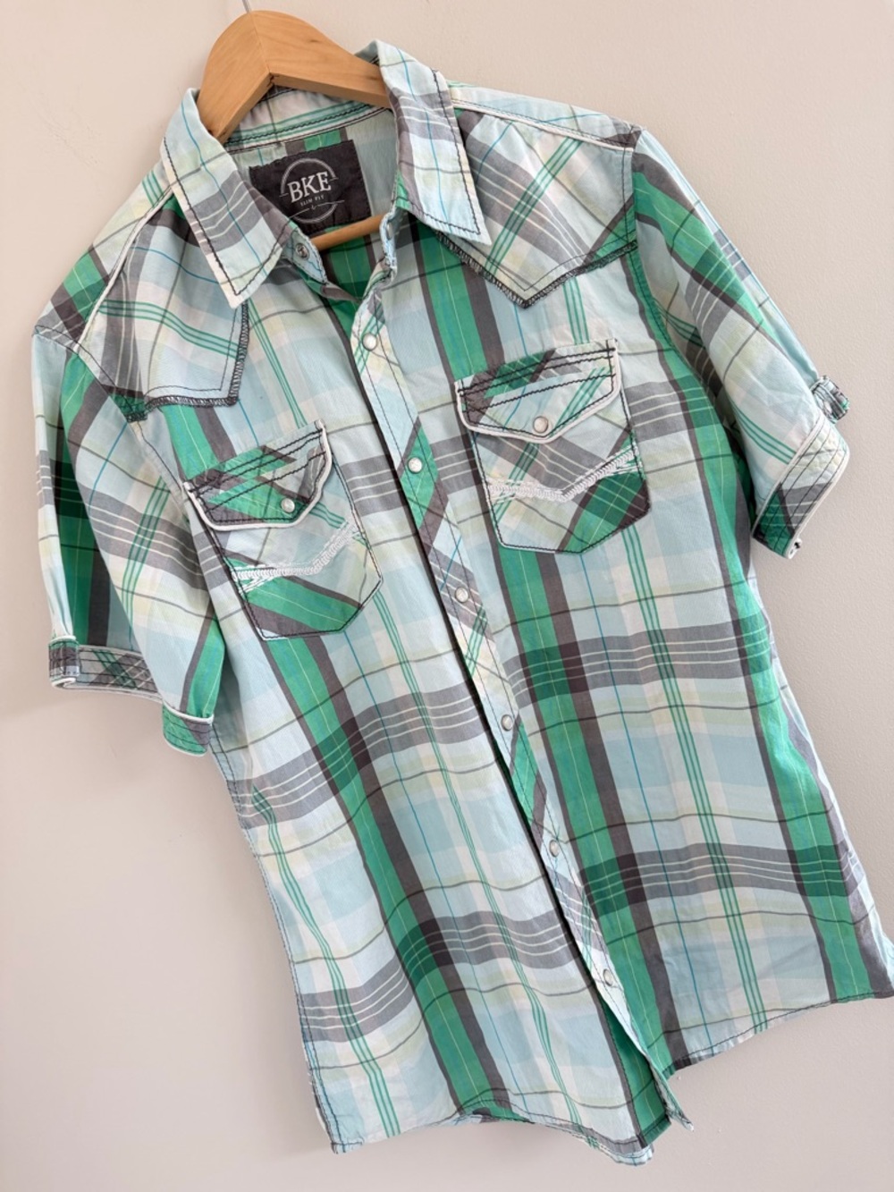 BKE Slim Fit Plaid Shirt Mens Large Pearl Snap Western Country Rodeo Rock Y2K